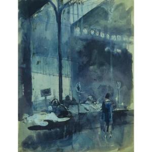 Jean Terles Market Scene Under The Hall In Paris Midnight Blue Art Deco 1930