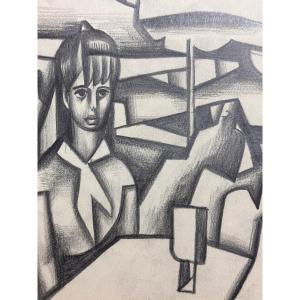 Marius Woulfart Cubist Drawing Portrait Couple Cafe Terrace Seaside Cannes Judaica