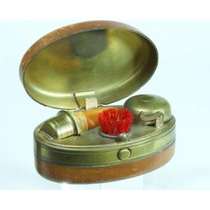 Antique Leather Travel Inkwell Candle Holder Railway Kk Priv. Austria