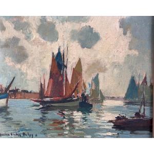Lucien-victor Delpy Old Painting Painter Marine Brittany Port Boat Hst Breton