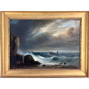 Large 19th Century Marine Painting Romanticism Shipwreck Animated Boat Sv Gudin Isabey Signed
