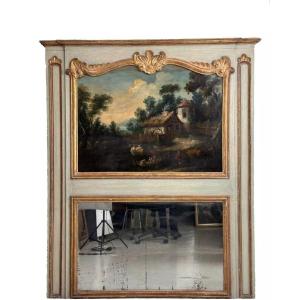 Old Large Trumeau Mirror In Gilded Wood Paneling And 18th Century Painting From The Louis XV Castle