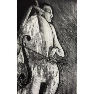 Francis Oudin Modern Engraving Portrait Of Musician Double Bass Bow Signed Xylon Group Ea