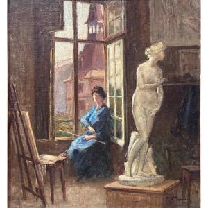 Gaston Hoffman Art Nouveau Painting View Of The Studio Nancy School Portrait Of A Female Painter 