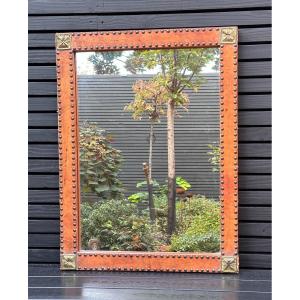 Otto Schulz Antique Mirror Glass Vintage Design Leather Stud Brass Scandinavian Boet