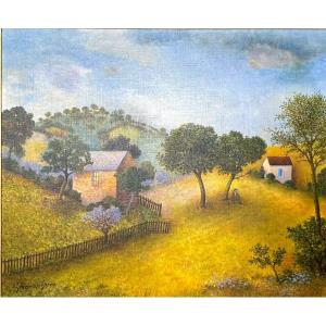 Old Naive Painting Animated Hilly Landscape Hst Frame 75cm French Rivièra
