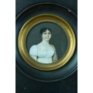 De Lauro Grande Old Miniature Portrait Of Young Woman White Dress Empire Italy