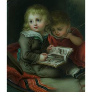 Old Painting Portrait Of Children Reading Porcelain Plaque Vogel Kpm Berlin