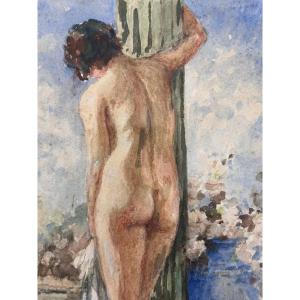 Beautiful Old Painting Portrait Young Nude Woman Column Greek Temple Garden Torthe