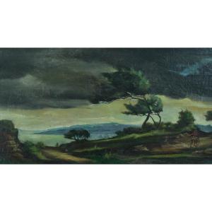 Lopez Antique Painting Rider In The Plain Seaside Stormy Sky 19th Century Spain 