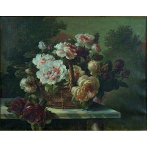 Gaston Boucher Old Painting Bouquet Of Roses Wicker Basket Marble Landscape Garden Lyon 19th Century