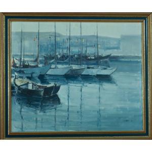 Modern Painting Large Marine Boats In Port Flag Anchorage Ocean Dubois