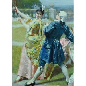Alexandre Serres Large Old Painting Animated Landscape Tennis Racket Game