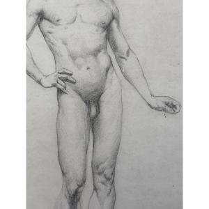 Old Drawing Academy Portrait Young Man Brown Nude Standing Swaying Hips Workshop