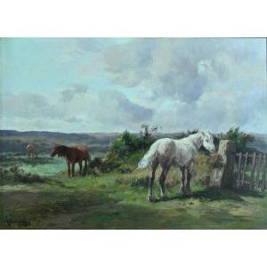 Quinton Painting Portrait Horses Landscape Sky Barbizon Barrier 19th Hst