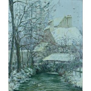 Léon Giran-max Beautiful Impressionist Painting Snow Effect Landscape Oise Mill Washhouse Hst19e