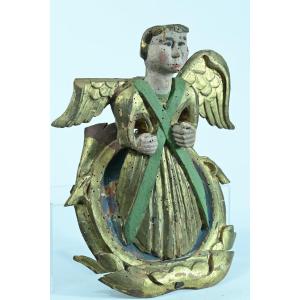 Antique Religious Wall Angel Gilded Wood Carved Polychrome 17th Baroque Saint Jacques