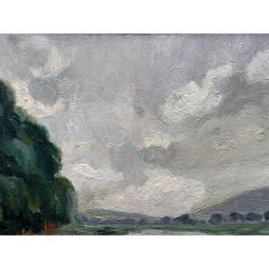 Louis Clesse Beautiful Old Painting Landscape River View Sky Impressionist Brussels