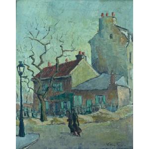 French School Beautiful Painting Landscape Paris Montmartre View Of The Agile Rabbit Cabaret Animated Signed