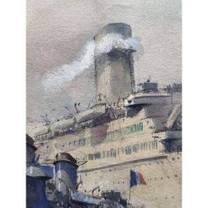 Claude Le Baude Drawing Watercolor Marine Boat Marine Ship The Leopard Ocean Liner The Pasteur