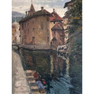 Paul Barian Beautiful Old Painting Landscape View Of Annecy Animated The Thiou Canal Old Bridge 1900
