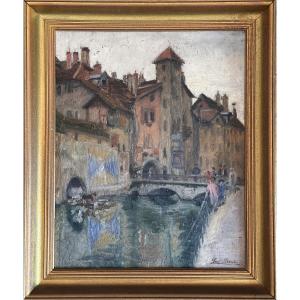 Paul Barian Beautiful Old Painting Landscape Of Annecy Mont Blanc Pont Morens 1900