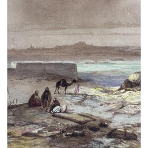 Jacob Jacobs Beautiful Drawing Orientalist School Bedouin Ruin Seaside Morocco Türkiye 1860