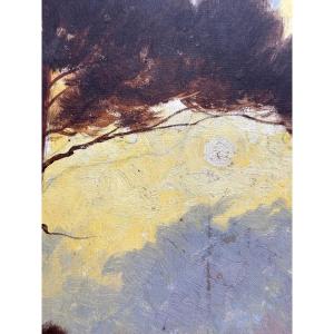 Beautiful Old Painting Riverside At Dusk Moon Sky Pines Maritime 19th Century