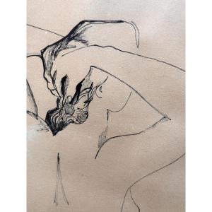 Christian Schmidt Old Drawing Portrait Nude Woman Profile Lost Back Doing Her Hair Toulouse