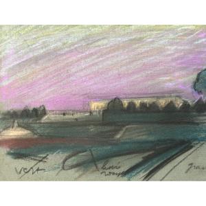 Jean Terles Drawing Quai De Seine Paris Landscape Twilight Pastel 1930