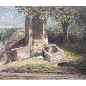 De Berbardi Beautiful Old Drawing Landscape At The Fountain Trees In Summer Pastel 1863 Drôme