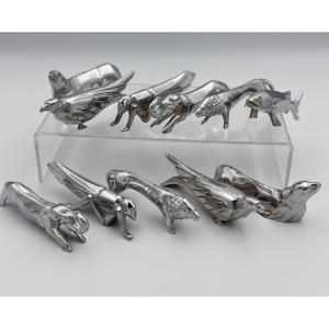 Antique Set Of 10 Art Deco Silver Metal Knife Rests By St. Sandoz