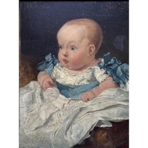 Antique Painting Portrait Of Baby Child Blue Eyes Awake Baptism Dress Oil 19th Armand