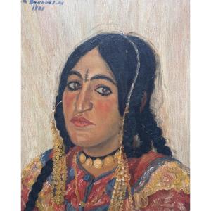 Orientalist Painting Portrait Of A Young Woman Algerian Art Deco Costume Biskra