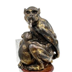 Animal Watch Holder Monkey Guenon And Its Cub Patinated Metal Gilded Bronze