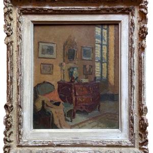 Paul Hugues Old Oil Painting "the Chest Of Drawers" Interior Parisian Living Room Shutter Decor 