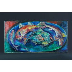 Antique Painting Marine Still Life With Fish Kitchen Dish Signed Saint Blanca