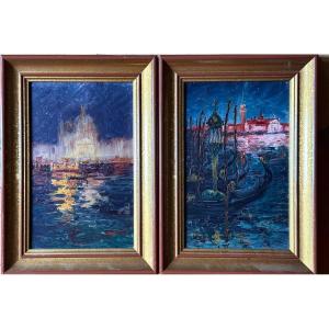 Venice Lagoon Lantern Art Nouveau Marine Painting Port Gondola 1910 X 2 Consul Protocol