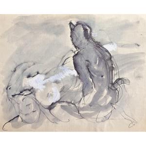 Jean Terles Symbolist Drawing Of A Young Nude Woman Languishing In Front Of A Seated Faun Art Deco 