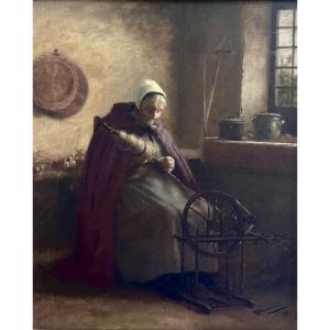 Painting Portrait Of A Woman The Spinner Interior Lorraine School 1911 Nancy