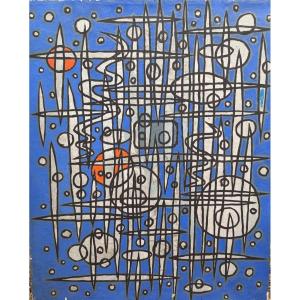 Antique Abstract Geometric Planet Space Painting Modern 1950s/70s Vintage Decor