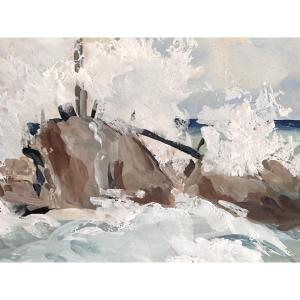 Charles De Gastyne Orientalist Gouache Drawing Oran Canastel The Beach Foam Wave
