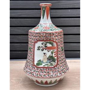 Antique Chinese Famille Verte Lettered Kangxi Scroll Porcelain China Vase