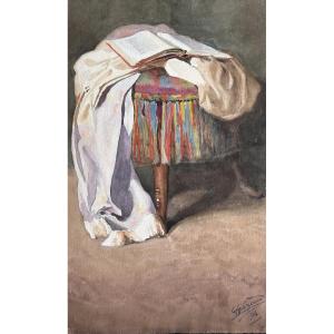 Antique Watercolor Still Life With Book Draped Fabric Pouf Art Nouveau