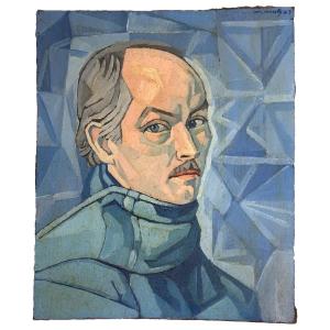Louis Sala Beautiful Modern Cubism Portrait Self-portrait With Scarf