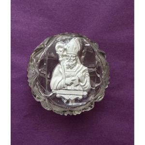 Crystal-ceramic Fly Box Portrait Of Saint Augustine Baccarat Reliquary 19th Century