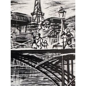 Jean Terles Scratched Cardboard Drawing Of The Quays Under The Art Bridge Paris Eiffel Tower Animated