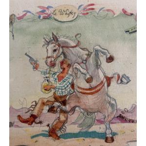 Drawing Jean Terles Le Whisky Cow Boy Alcohol Cactus Far West Illustrated Horse 1950