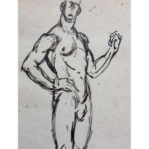 Jan Jacob Ten Kate Drawing Academy Ink Portrait Man Standing Nude