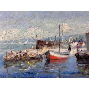 Painting The Port Of Madrague De Montredon Marseille Signed Olive Marine